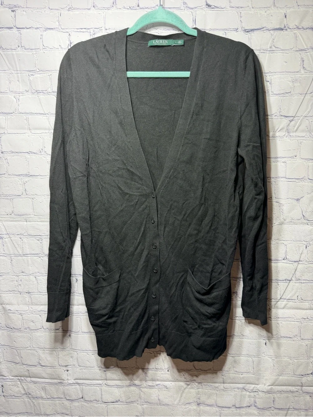 Lauren Ralph Lauren Womens V-Neck Cardigan Black Sz L Cotton Modal Old Money